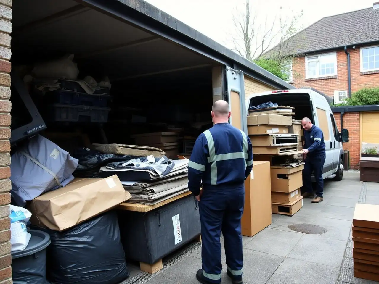 Débarras d'un garage : encombrants triés et chargés dans un utilitaire