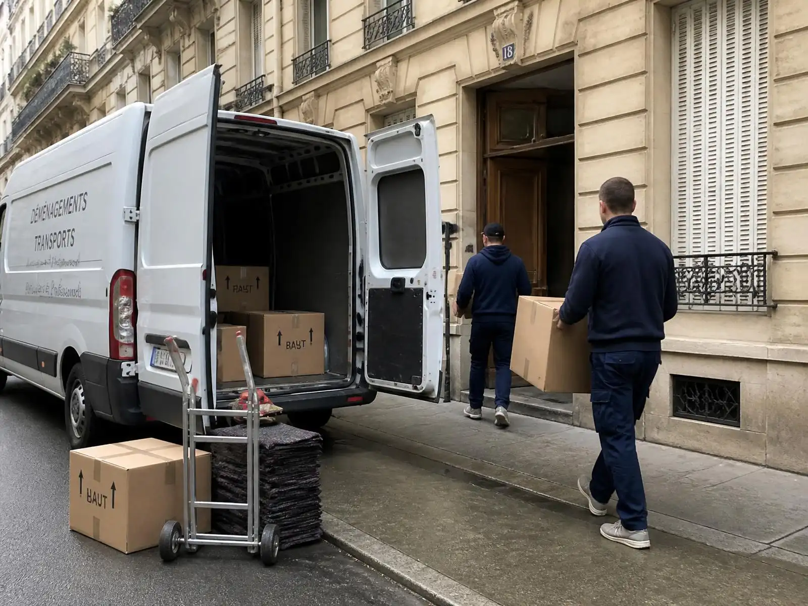 Utilitaire ouvert, cartons et couvertures de déménagement devant un immeuble ancien