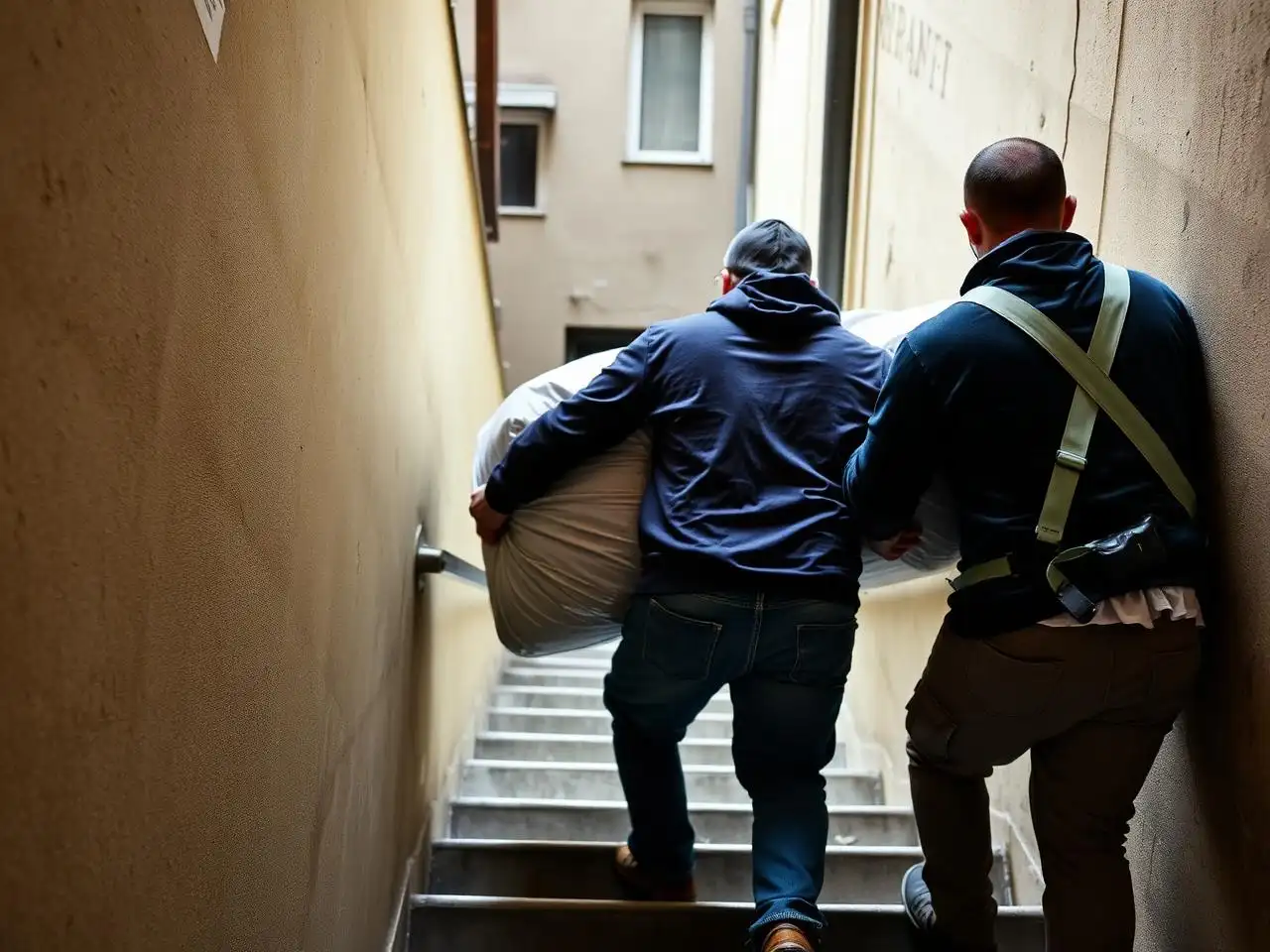 Deux intervenants portant un meuble emballé dans un escalier étroit
