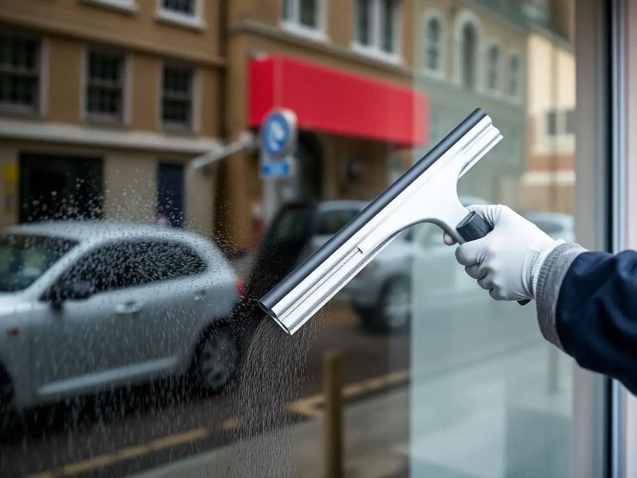 Nettoyage d'une vitrine à la raclette professionnelle